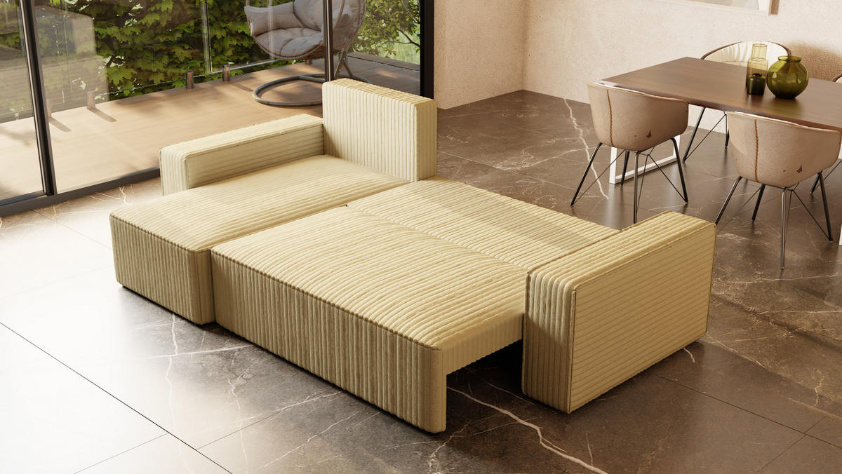 ECKSOFA Tobi mit Bettkasten und Schlaffunktion, L-Form/XL-Form, Cordstoff, Universal - Creme, Holzwerkstoff (246/145cm) - 4ALL HOME