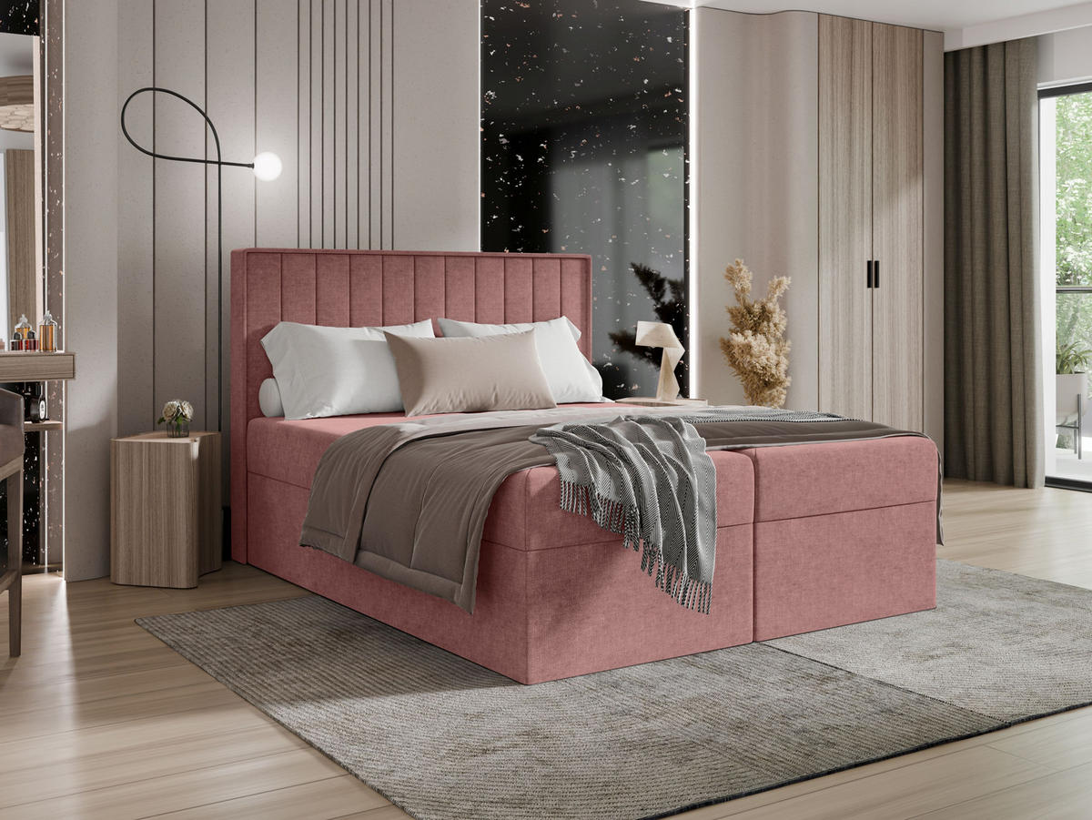 BOXBETT - Taschenmatratze + Topper 140x200 puderrosa Chenille - Hellrosa, Holz/Holzwerkstoff (140/200cm) - SIMKAM Furniture