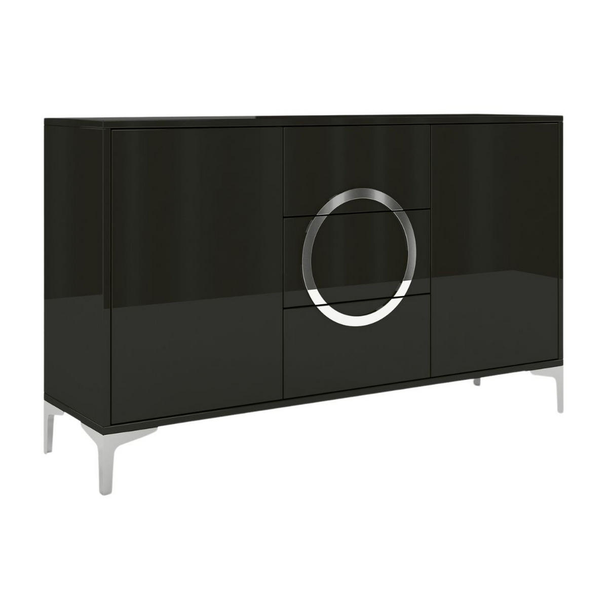 SIDEBOARD Eva, Schwarz, Silberne Akzente, Hochglanz - Schwarz Hochglanz/Silberfarben, Holzwerkstoff/Metall (138/83/38cm) - Kayani