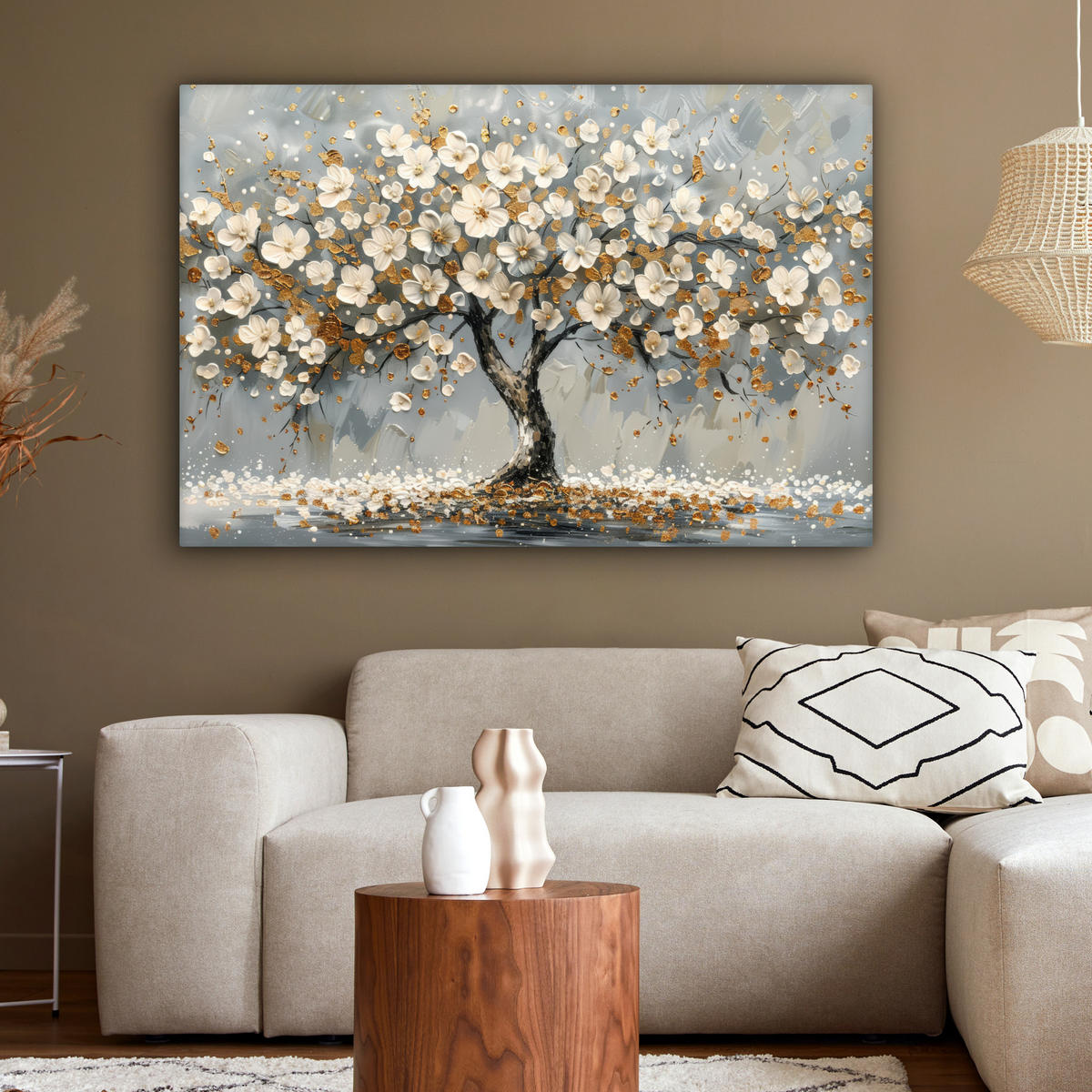 LEINWANDBILD Baum - Blumen - Weiß - Natur - Kunst Wohnzimmer Groß 120x80 cm - Weiß, Textil (120/80cm) - MuchoWow