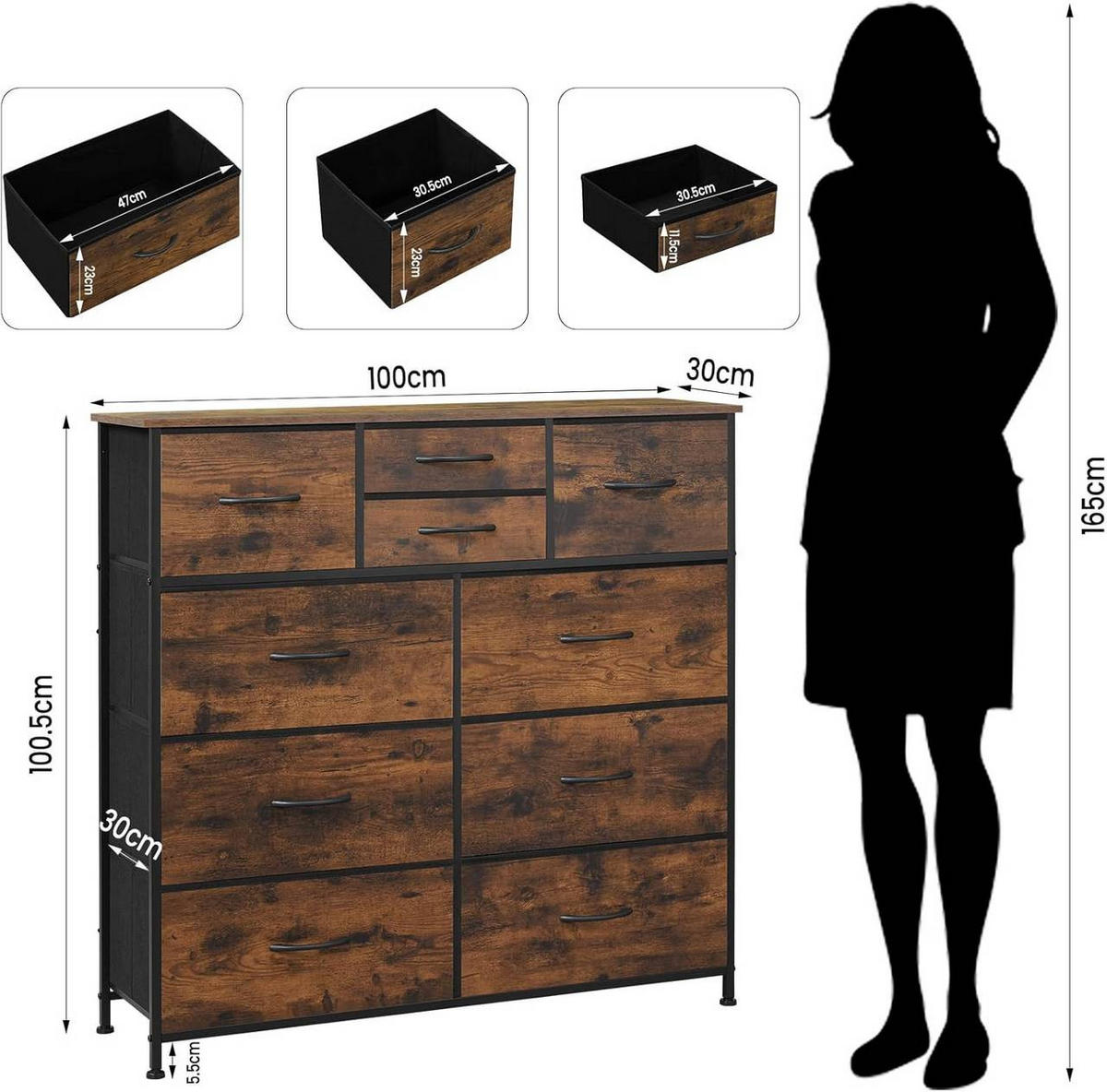 KOMMODE mit 10 Schubladen, Industrial Stil, Vintagebraun - Dunkelbraun/Schwarz, Holzwerkstoff/Textil (100/100/30cm) - Woltu
