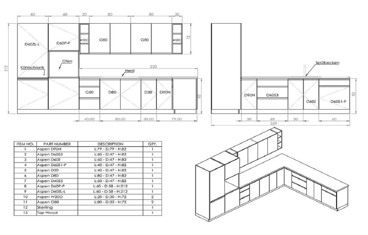 ECKKÜCHE 350 x 260 cm – Aspen KA4-M360 - in Grau/Hochglanz - Grau, Holz (610/212/58cm)