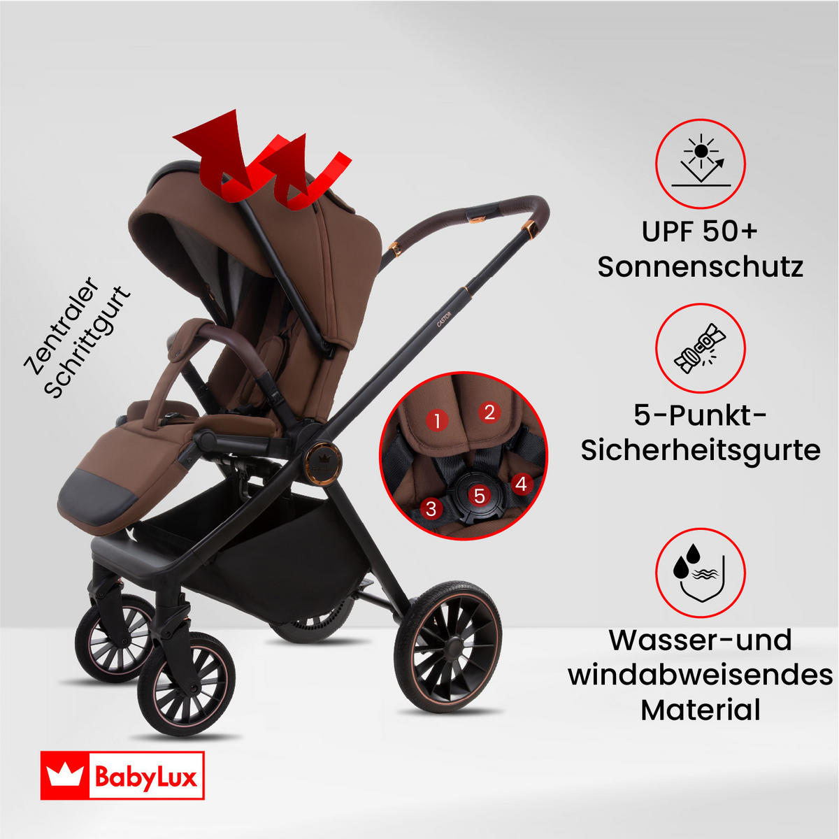 KINDERWAGEN Castor 4in1 Brownie Babywanne, Reisebuggy, Autositz, Isofix Basis - Schwarz/Braun, Textil/Metall (58/98cm) - BabyLux
