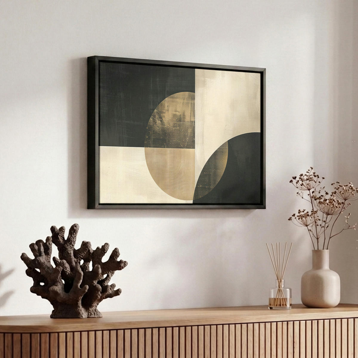 LEINWAND Bilder mit Rahmen - Abstrakt - Geometrische Formen - Schwarz - Gold - 30x20 - Ecru, Textil (30/20cm) - MuchoWow