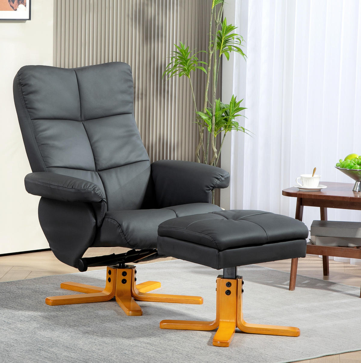 RELAXSESSEL mit Hocker 80/86/99 cm in Dunkelgrau, drehbar mit Liegefunktion - Dunkelgrau, Holz (86/99/80cm) - Flora Grace