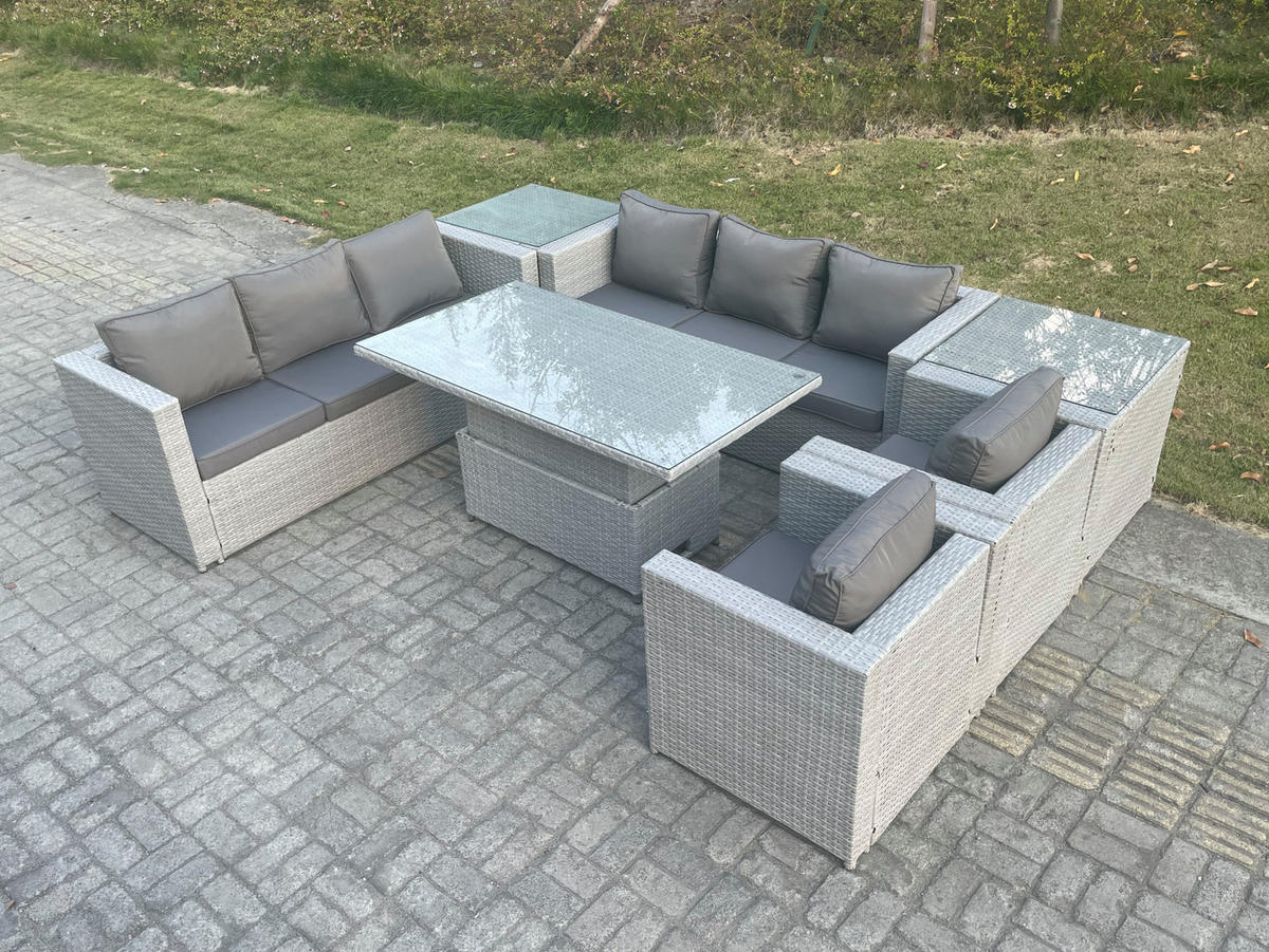 GARTENSOFA SET mit höhenverstellbarer Tisch Polyrattan Helles Grau 8-Sitzer - Hellgrau, Metall - Fimous