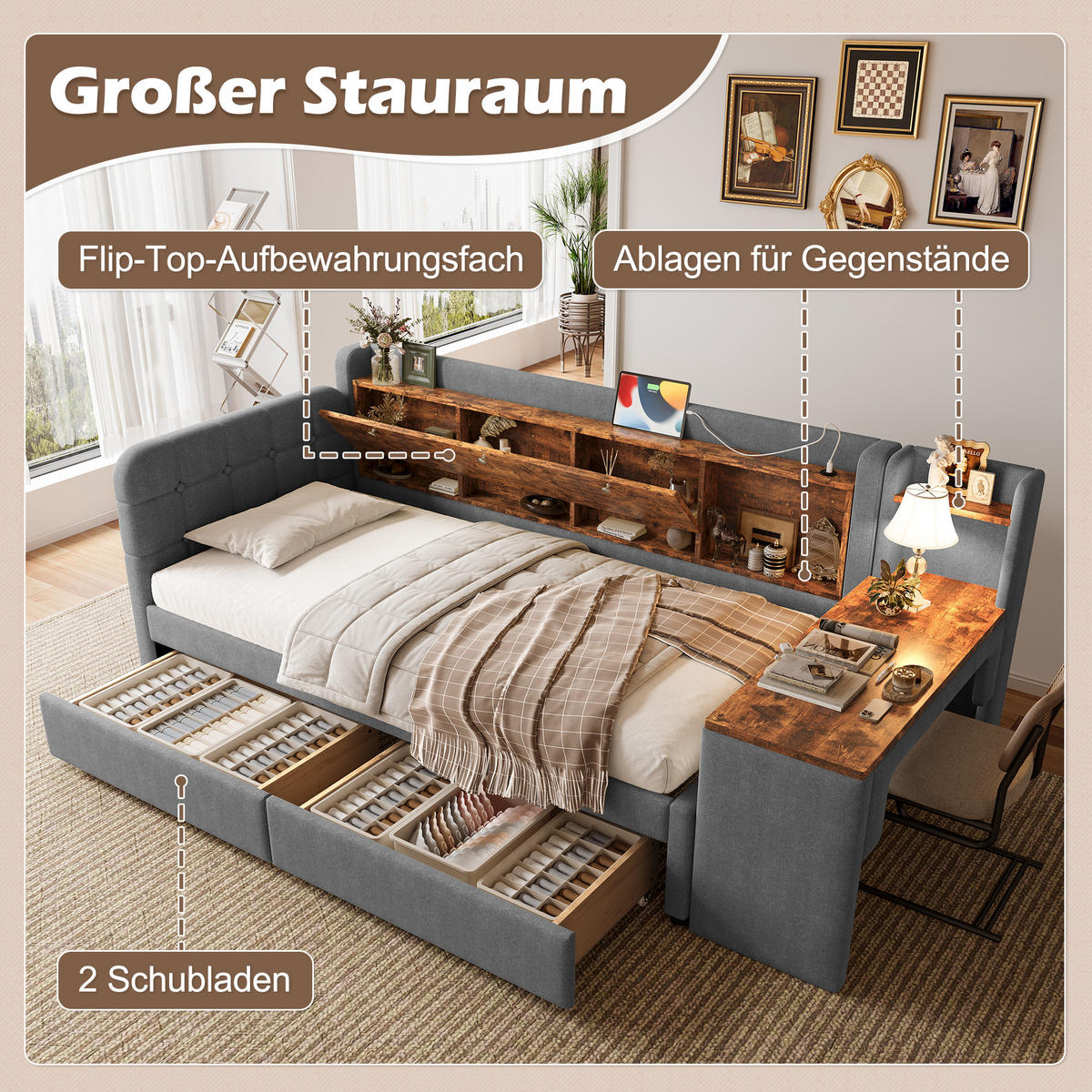 TAGEBETT 90x200cm Grau Leinen 2 Schubladen Schreibtisch USB-C - Grau, Holz (90/200cm) - FLIEKS