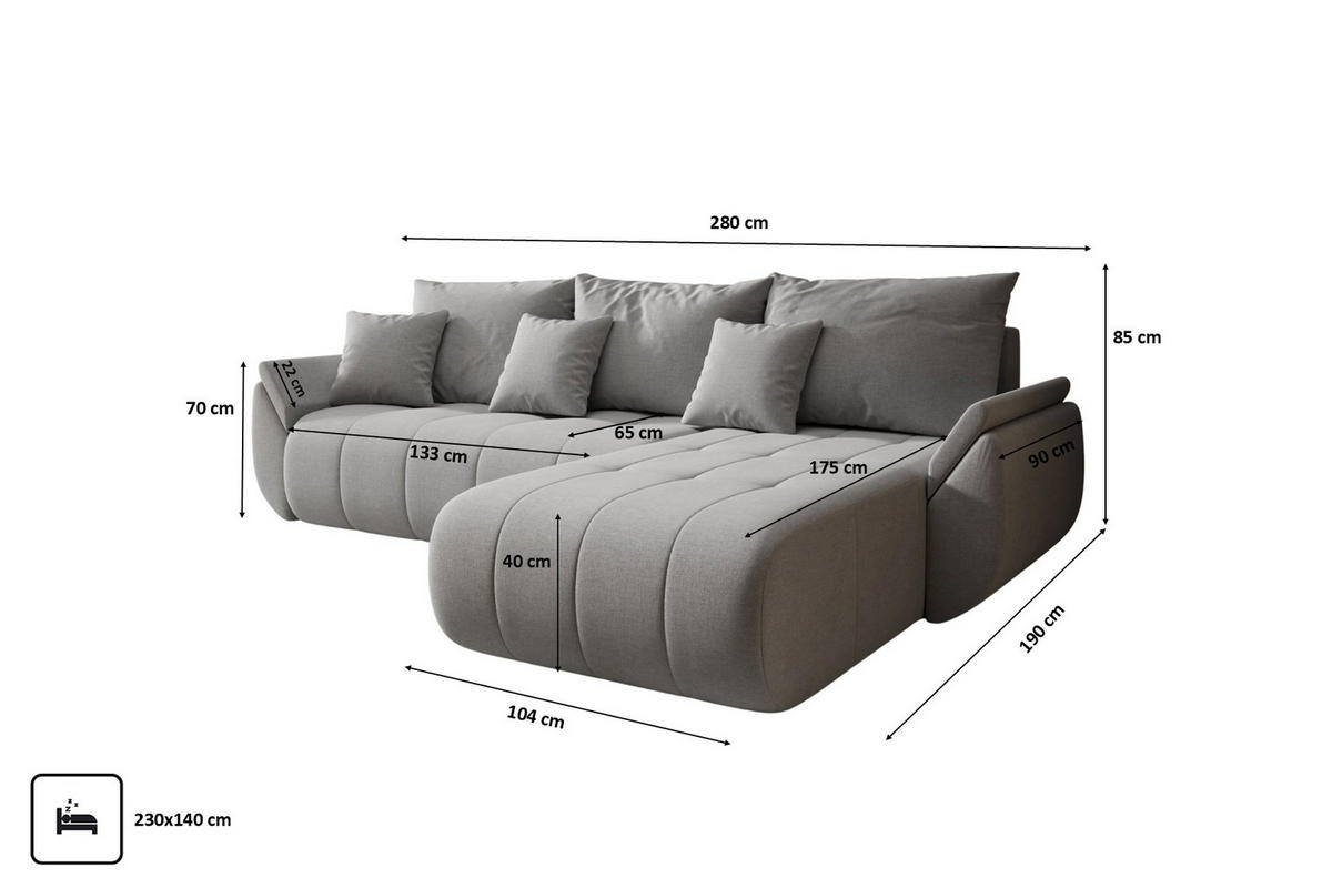 ECKSOFA Mit Schlaffunktion Und Bettkasten TOKYO, Stoff WIND, Grau, Rechts - Grau, Holz (280/190cm) - Kaiser Möbel