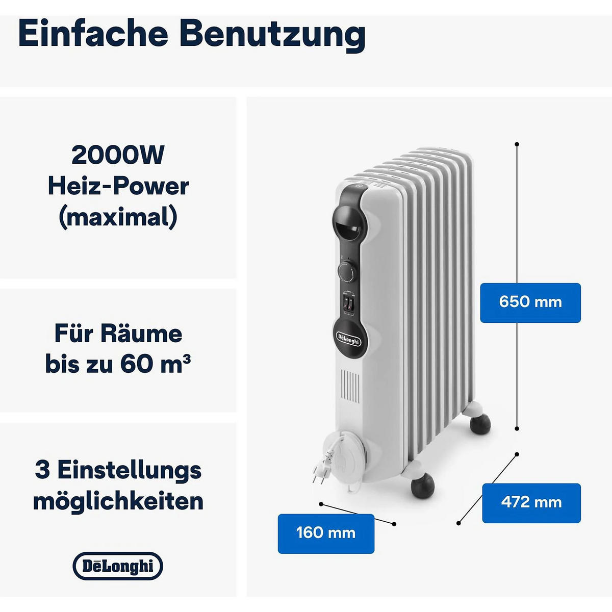 ÖLRADIATOR TRRS0920 Weiß 2000W 9 Heizrippen mit Raumthermostat und Laufrollen - Weiß, Kunststoff/Metall (16/65/47.2cm) - De'Longhi