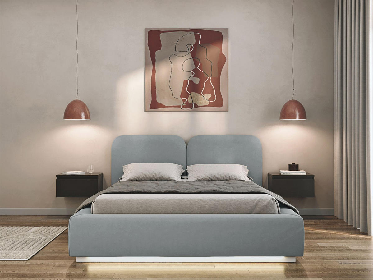 POLSTERBETT Comoves 140x200 Grau mit Veloursbezug und LED - Grau, Textil (140/200cm) - Selsey