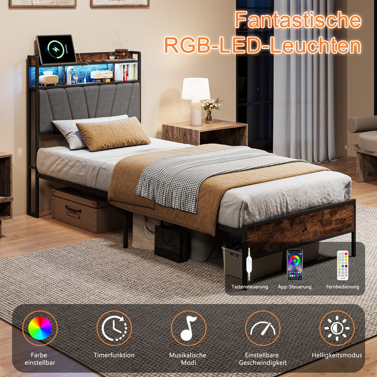ČALÚNENÁ posteľ 90x200 cm s RGB LED, úložným čelom a USB - hnedá, drevo (90/200cm) - SHOPENTRA