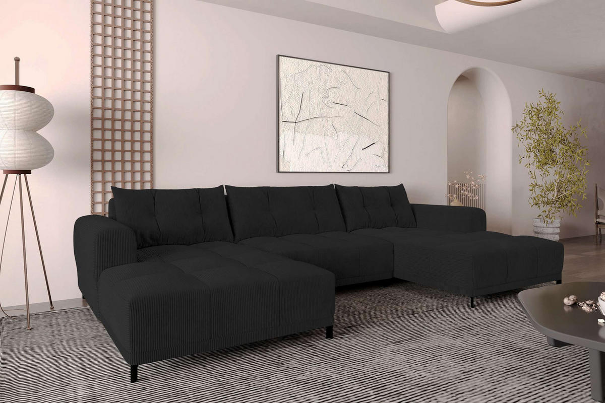 WOHNLANDSCHAFT Massimo Cordstoff Schwarz inkl. Schlaffunktion - Schwarz, Textil/Metall (356/94/181cm) - 99rooms