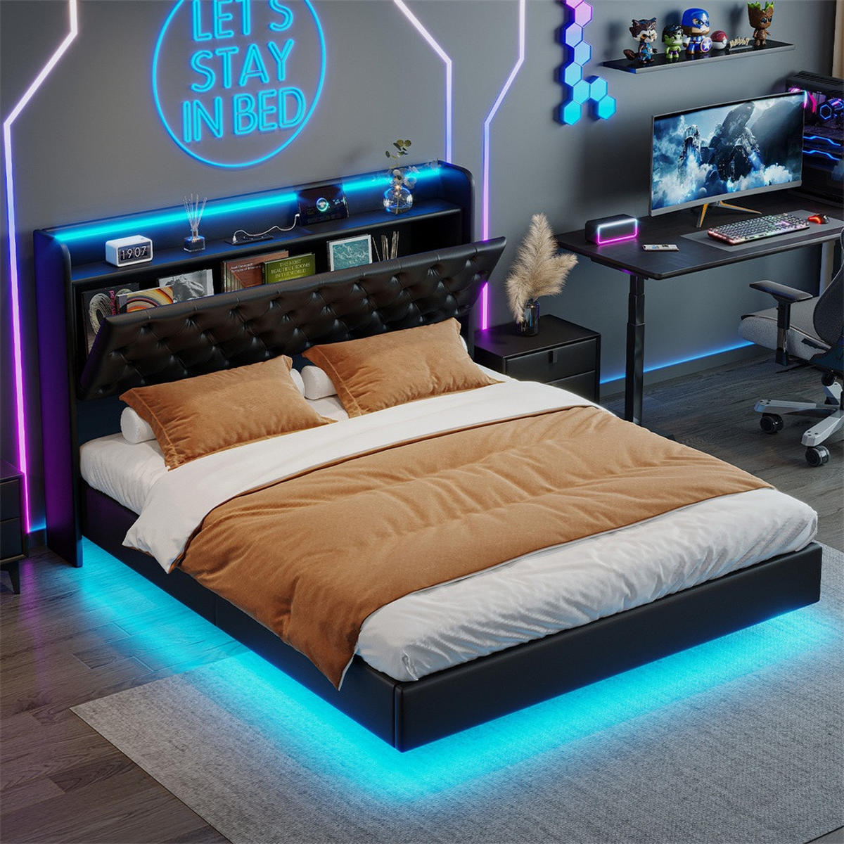 POLSTERBETT 140x200 cm mit LED-Beleuchtung - USB-Anschluss - Kopfteil-Stauraum und hydraulischem Stauraum - Schwarz - Schwarz, Textil (140/200cm) - DELFA