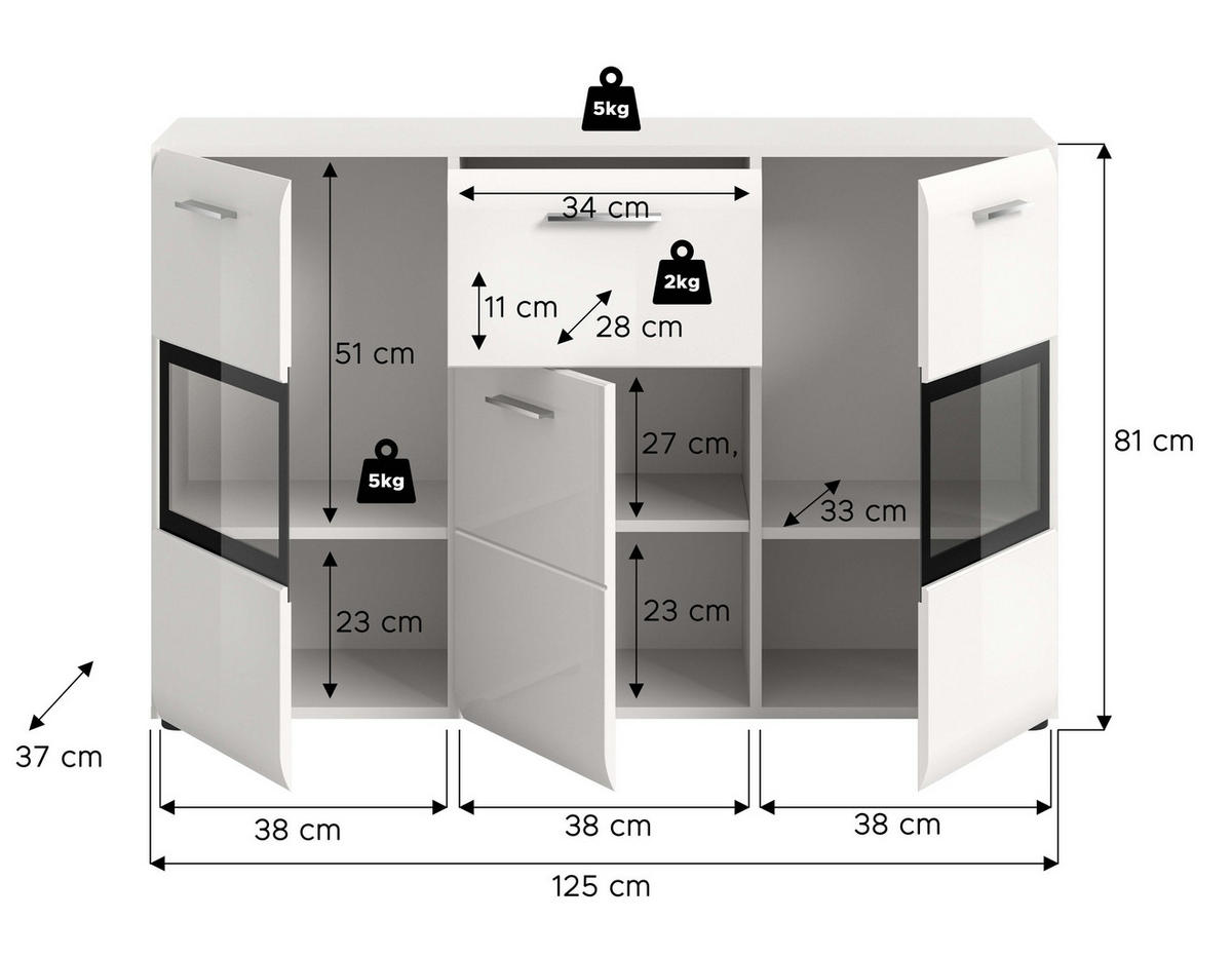 SIDEBOARD ICE (B/H/T: ca. 125/81/37 cm) in Weiß/weiß hochglanz - Weiß, Holzwerkstoff (125/81/37cm)