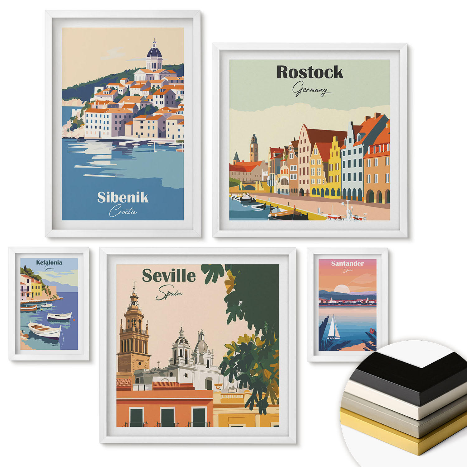 WANDBILDER 5er-Set - 50x50 cm & 20x30 cm & 40x60 cm Weißer Rahmen - Berglandschaften und Städte - Weiß, Kunststoff (40/60cm) - ArtPrintCave