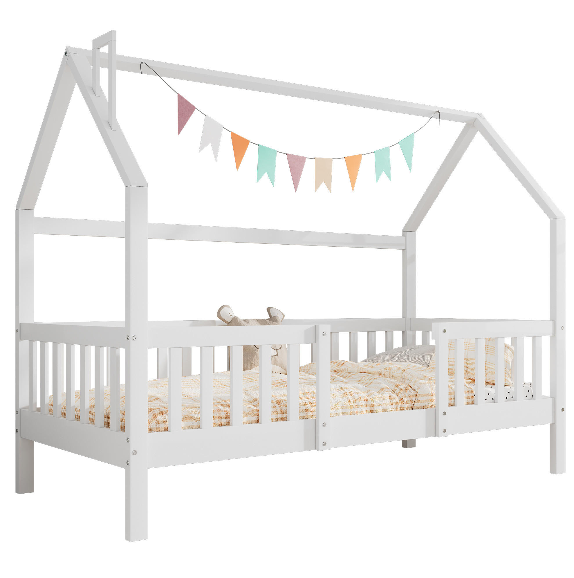OKWISH DĚTSKÁ postel domeček 90/200 cm bílá z borovice se střechou a zábradlím