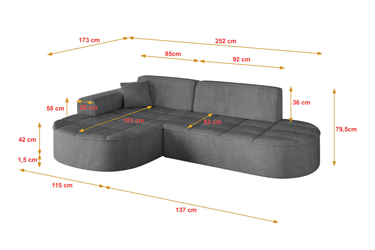 ECKSOFA Ottomane Links LIVO-L1 - 252x173x79,5 cm Dunkelgrau - Dunkelgrau, Holzwerkstoff/Textil (252/173cm) - ALTDECOR