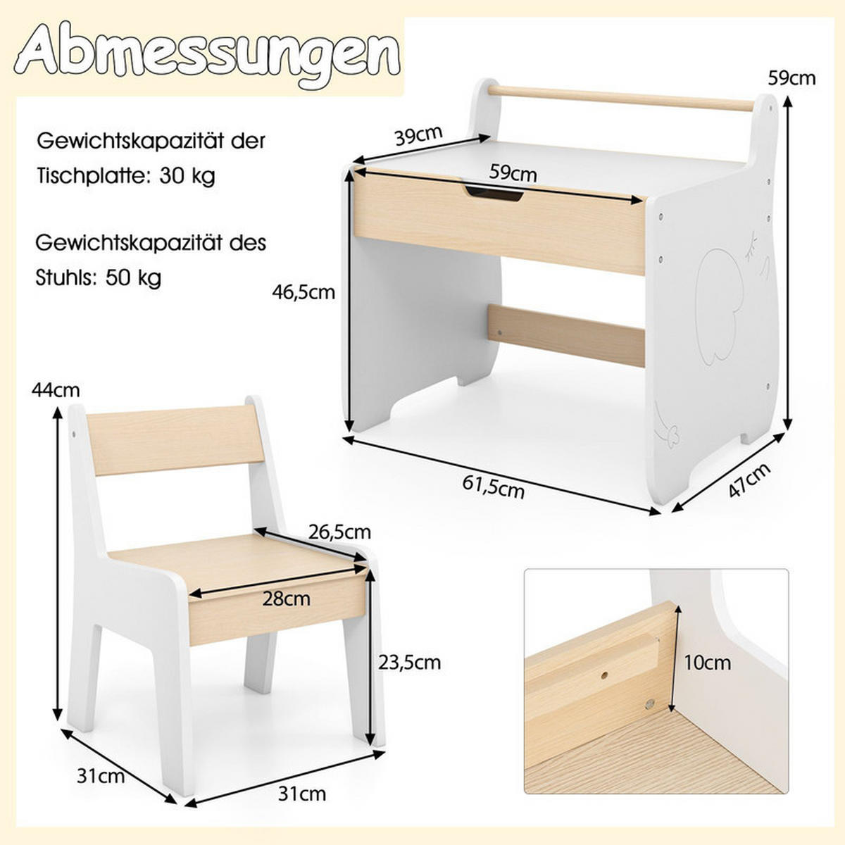 KINDERTISCH mit Stuhl weiß(2-tlg) - Weiß, Holzwerkstoff (61.5/59/47cm) - COSTWAY