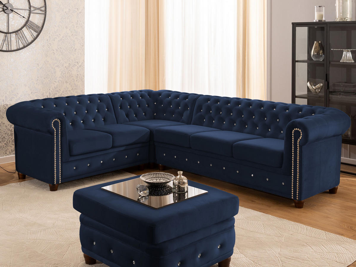 ECKSOFA Chesterfield Cleo Blink Marineblau Samt mit Kristallsteppung und braunen Massivholzfüßen - Ottomane Links - Blau/Braun, Holz/Textil (264/210cm) - S-Style Möbel