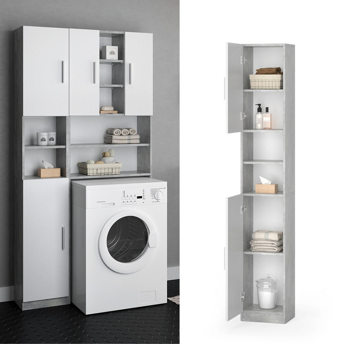 BADSCHRANK Luis Beton 32 x 190 cm - Weiß/Grau, Holzwerkstoff (32/190/25.8cm) - Vicco