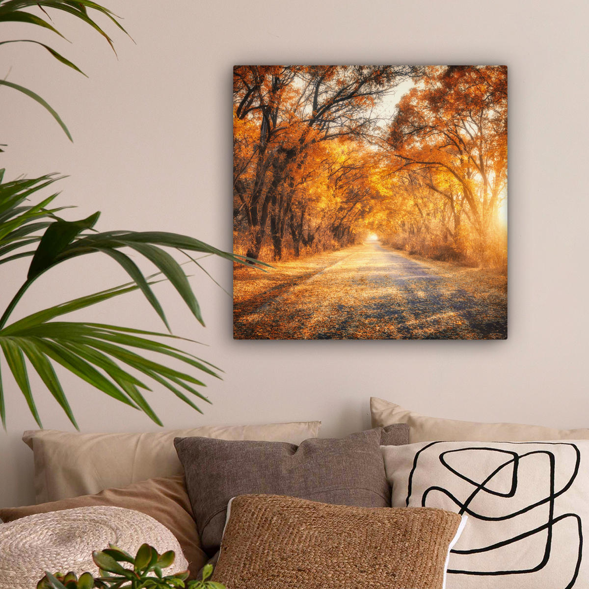 LEINWANDBILD Wald - Herbst - Bäume - Waldweg - Natur Wandbild Wohnzimmer 50x50 cm - Bernsteinfarben, Textil (50/50cm) - MuchoWow