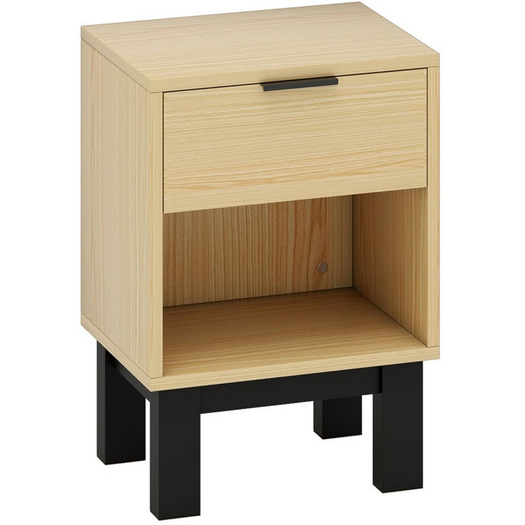 Modfu NOČNÍ stolek ze dřeva 35x26x50 cm dub se zásuvkou a otevřenou policí, kompaktní design