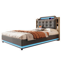 POLSTERBETT 140/200 cm mit LED-Lichtleiste, USB- und Type-C-Anschluss, hydraulischem Stauraum und Ablagefächern, Grau - Grau, Textil (140/200cm) - Redom