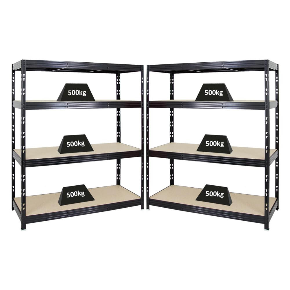 SCHWERLASTREGAL Rhino 2er-Set mit 2x 180x160x60 cm 4 Spanplatten-Ebenen 8mm Fachlast 500 kg Schwarz - Schwarz, Metall (320/180/60cm) - PROREGAL