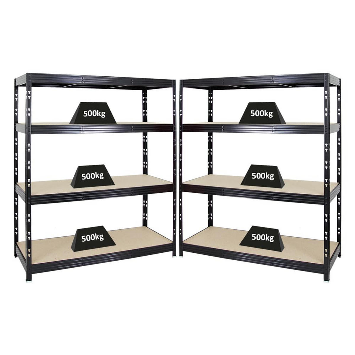 SCHWERLASTREGAL Rhino 2er-Set mit 2x 180x160x60 cm 4 Spanplatten-Ebenen 8mm Fachlast 500 kg Schwarz - Schwarz, Metall (320/180/60cm) - PROREGAL