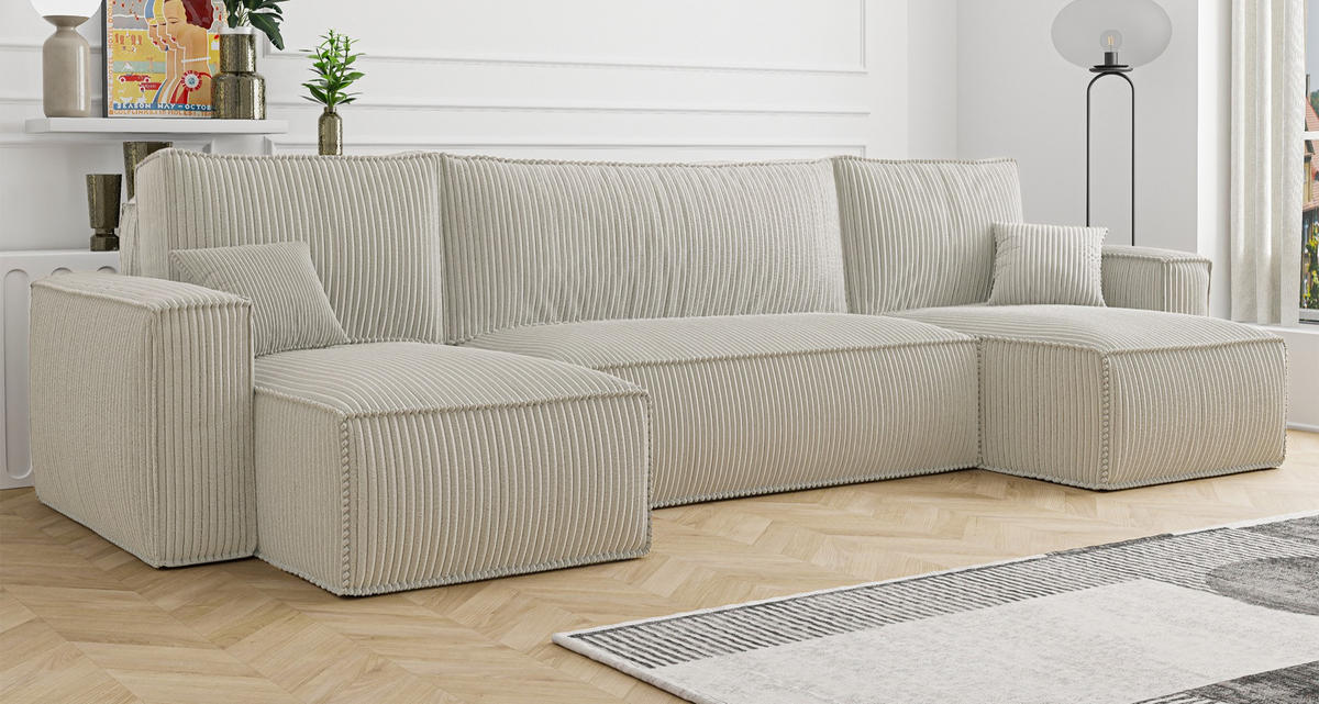 WOHNLANDSCHAFT Scarlo Hellbeige Cordbezug - Ecru/Schwarz, Kunststoff/Textil (244/83/145cm) - Selsey