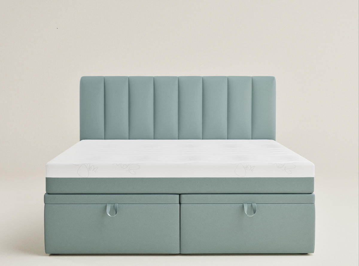 BOXBETT 200/200 cm Lovage M, in Türkis, Matratze, gepolstertes Kopfteil, Bettkasten, H3 = fest - Türkis/Schwarz, Holz/Holzwerkstoff (200/200cm) - Maison de Reve