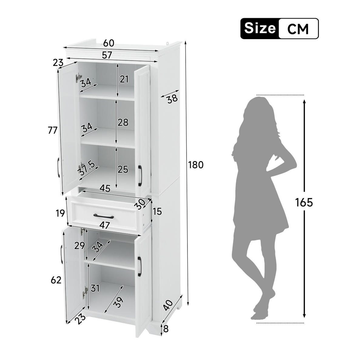 BUFFET Badschrank mit 3 Schubladen & Einlegeboden, Weiß, Einheitsgröße / MDF - Weiß, Holzwerkstoff (57.4/182/37.8cm) - EVRYAE