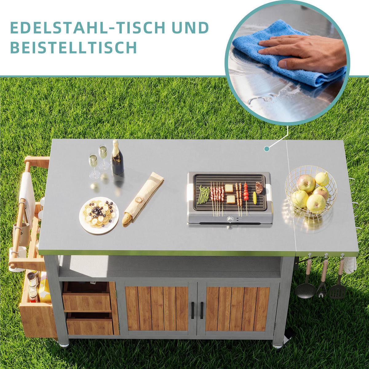 SERVIERWAGEN Massivholz/Edelstahl - Naturfarben, Metall (47/92/138cm) - ComfortXL