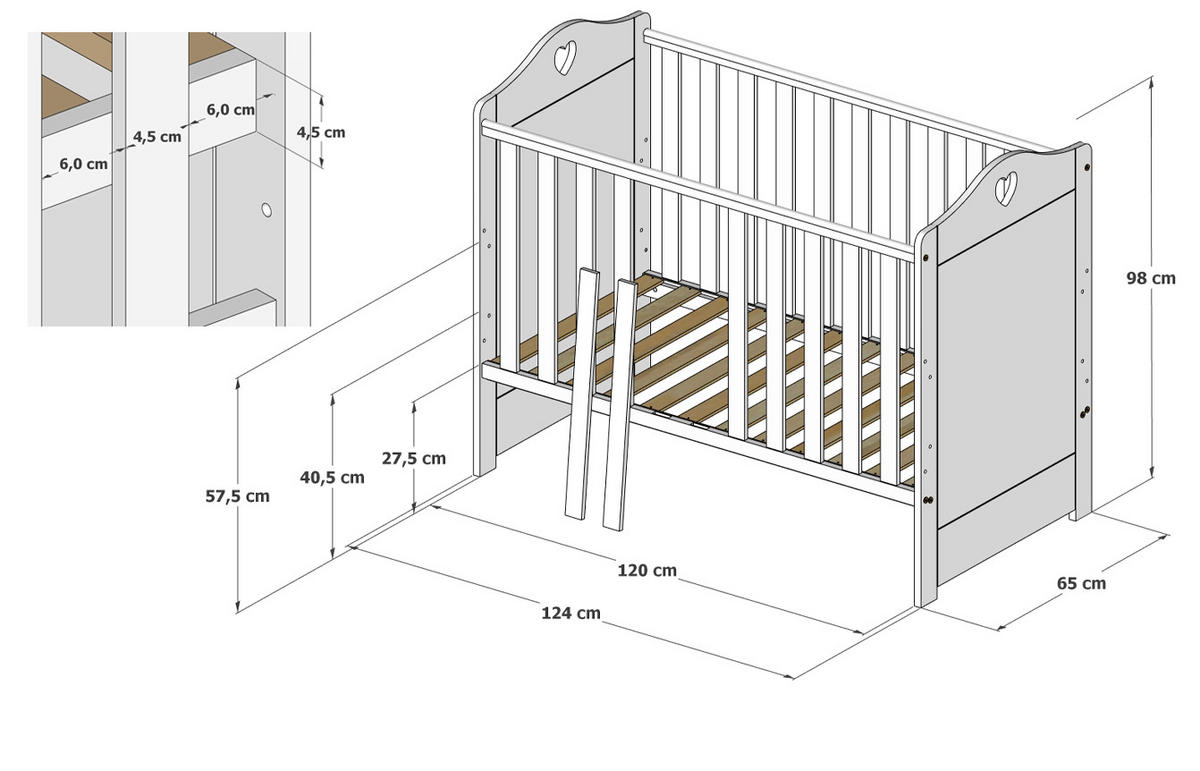 GITTERBETT Kleines Herz 2in1 mit Matratze - Weiß, Holzwerkstoff - kiki design