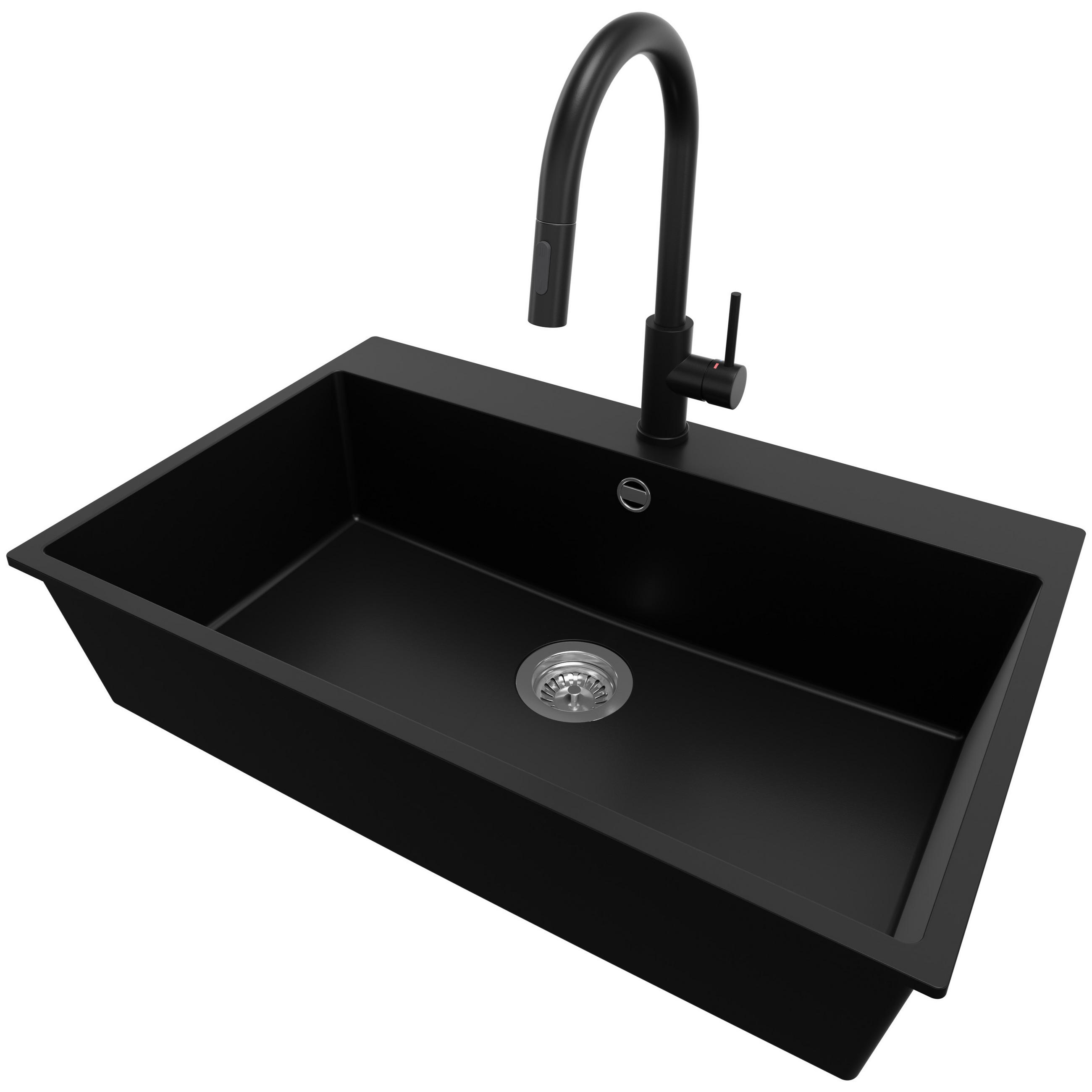 GRANITSPÜLE Riga, 2-er set Schwarz 78/50 cm 1 Becken + Küchenarmatur 40/20 cm + Ablauf-Set ab 80er Unterschrank - Chromfarben/Schwarz, Kunststoff (78/20/50cm) - Primagran