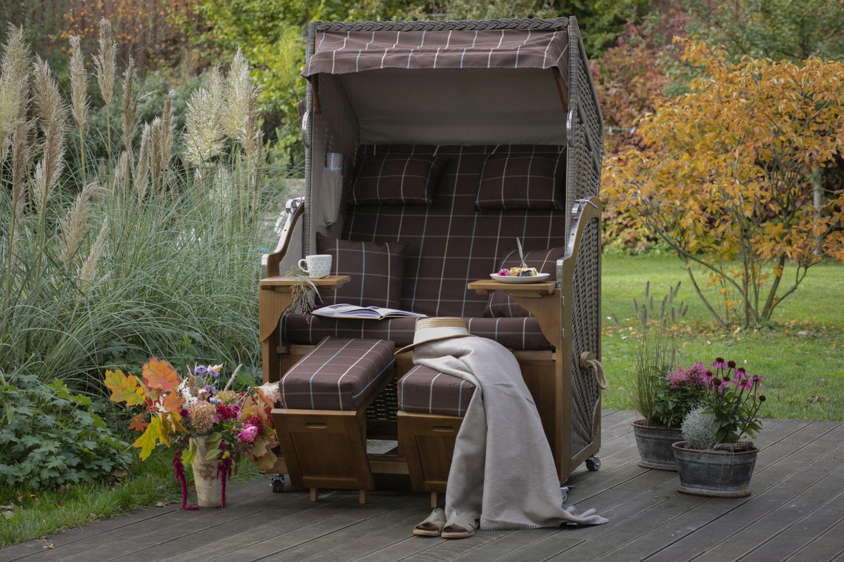 STRANDKORB Komplettset - Schleswig Pinie - PE mokka - Modell 556 - Braun/Grau, Holz (120/160/80cm) - bene living