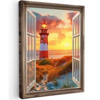 LEINWANDBILD Aussicht - Fenster - Leuchtturm - Sonnenuntergang - Strand 30x40 cm - Dunkelorange, Textil (30/40cm) - MuchoWow