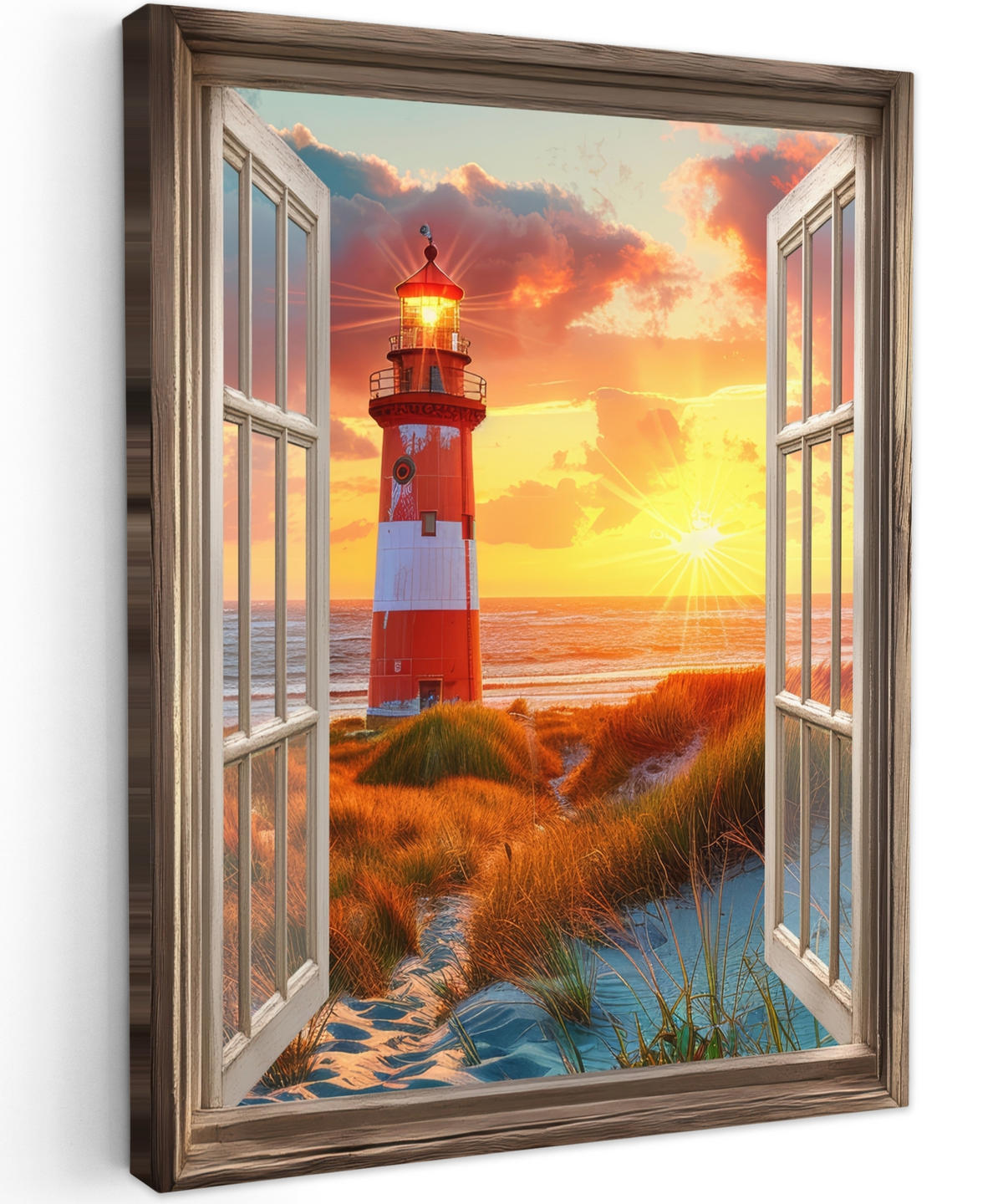LEINWANDBILD Aussicht - Fenster - Leuchtturm - Sonnenuntergang - Strand 30x40 cm - Dunkelorange, Textil (30/40cm) - MuchoWow