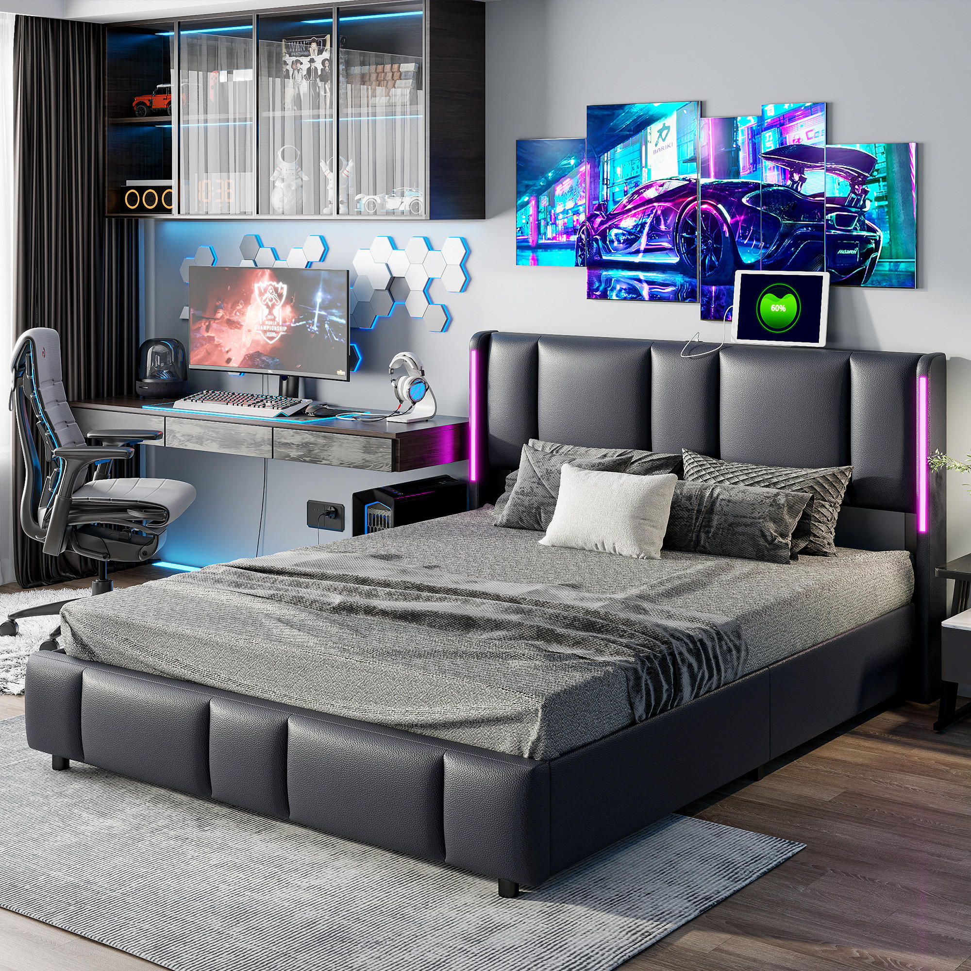 POLSTERBETT 140x200 mit LED, USB/Type-C, Stauraum & Lattenrost, schwarz - Schwarz, Textil/Metall (140/200cm)