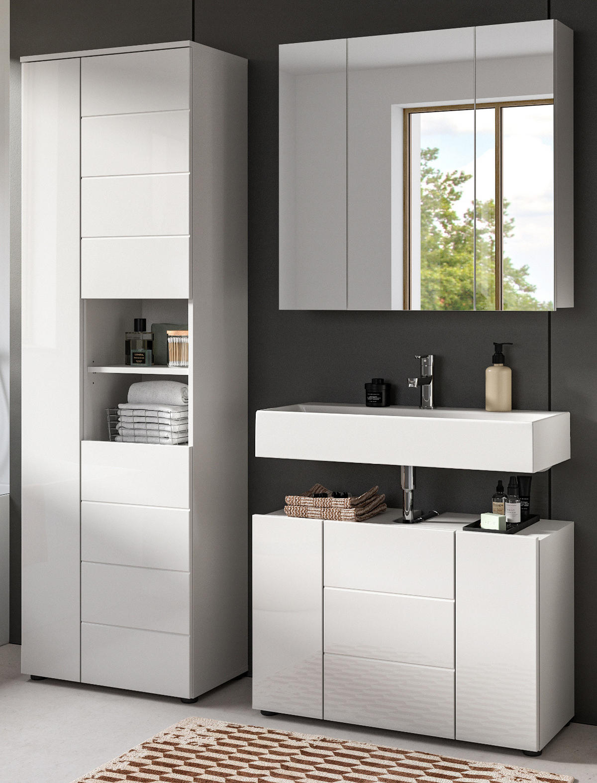 WASCHBECKENUNTERSCHRANK weiß Hochglanz 60 cm, Unterschrank 2-türig - Weiß Hochglanz/Schwarz, Holzwerkstoff/Kunststoff (60/56/34cm) - Inn.Furn