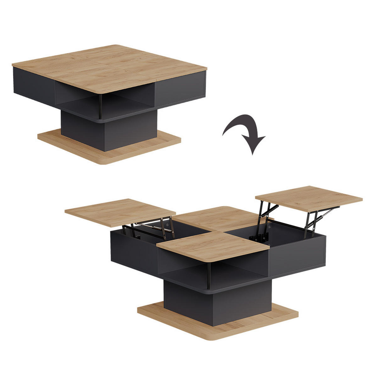 COUCHTISCH Movira Anthrazit 80 x 45 cm mit Staufächern - Honigeiche/Anthrazit, Holzwerkstoff (45/80/80cm) - Vicco