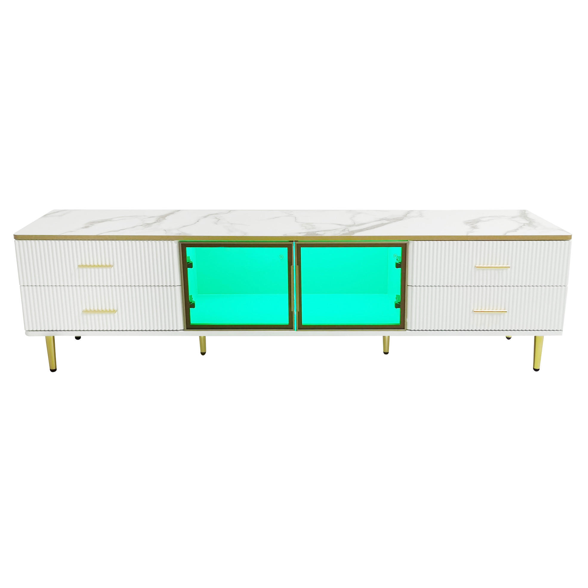 Modfu TV stolek z dřevotřísky 170x37x47,5 cm bílý s LED osvětlením, 4 zásuvkami a dvířky z tvrzeného skla