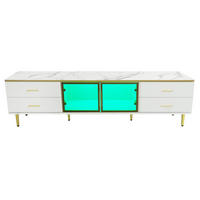 TV-LOWBOARD aus Spanplatte 170x37x47,5 cm Weiß in Marmoroptik mit LED-Beleuchtung, 4 Schubladen und 2 Glastüren - Weiß, Holzwerkstoff (170/47.5/37cm) - Modfu