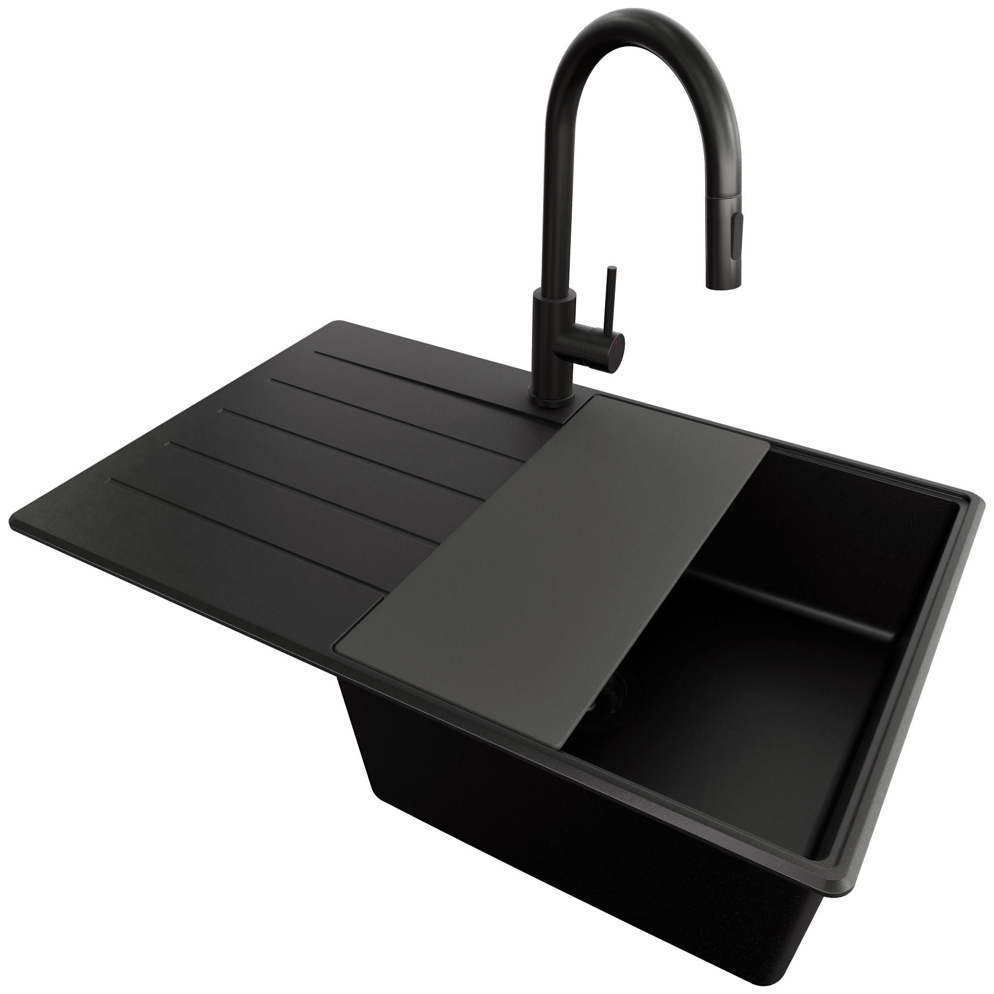 GRANITSPÜLE Kopenhagen, 2-er set Alles Schwarz 78/50 cm 1 Becken + Küchenarmatur 40/20 cm + Ablauf-Set + Schneidebrett ab 50er Unterschrank - Schwarz, Kunststoff (78/20/50cm) - Primagran