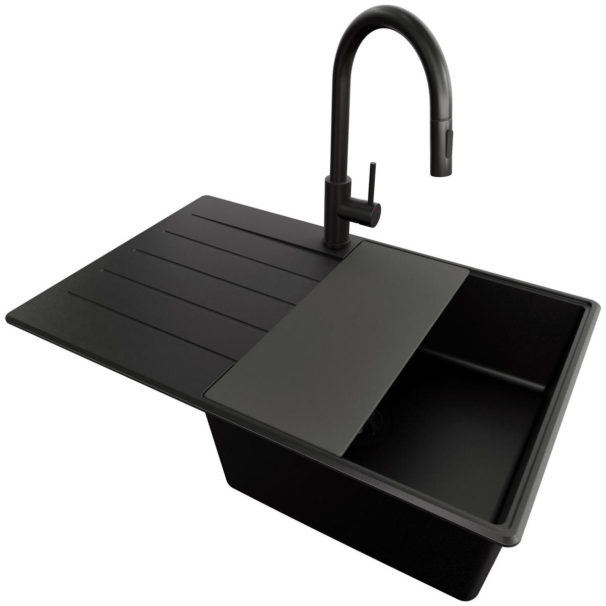 GRANITSPÜLE Kopenhagen, 2-er set Alles Schwarz 78/50 cm 1 Becken + Küchenarmatur 40/20 cm + Ablauf-Set + Schneidebrett ab 50er Unterschrank - Schwarz, Kunststoff (78/20/50cm) - Primagran