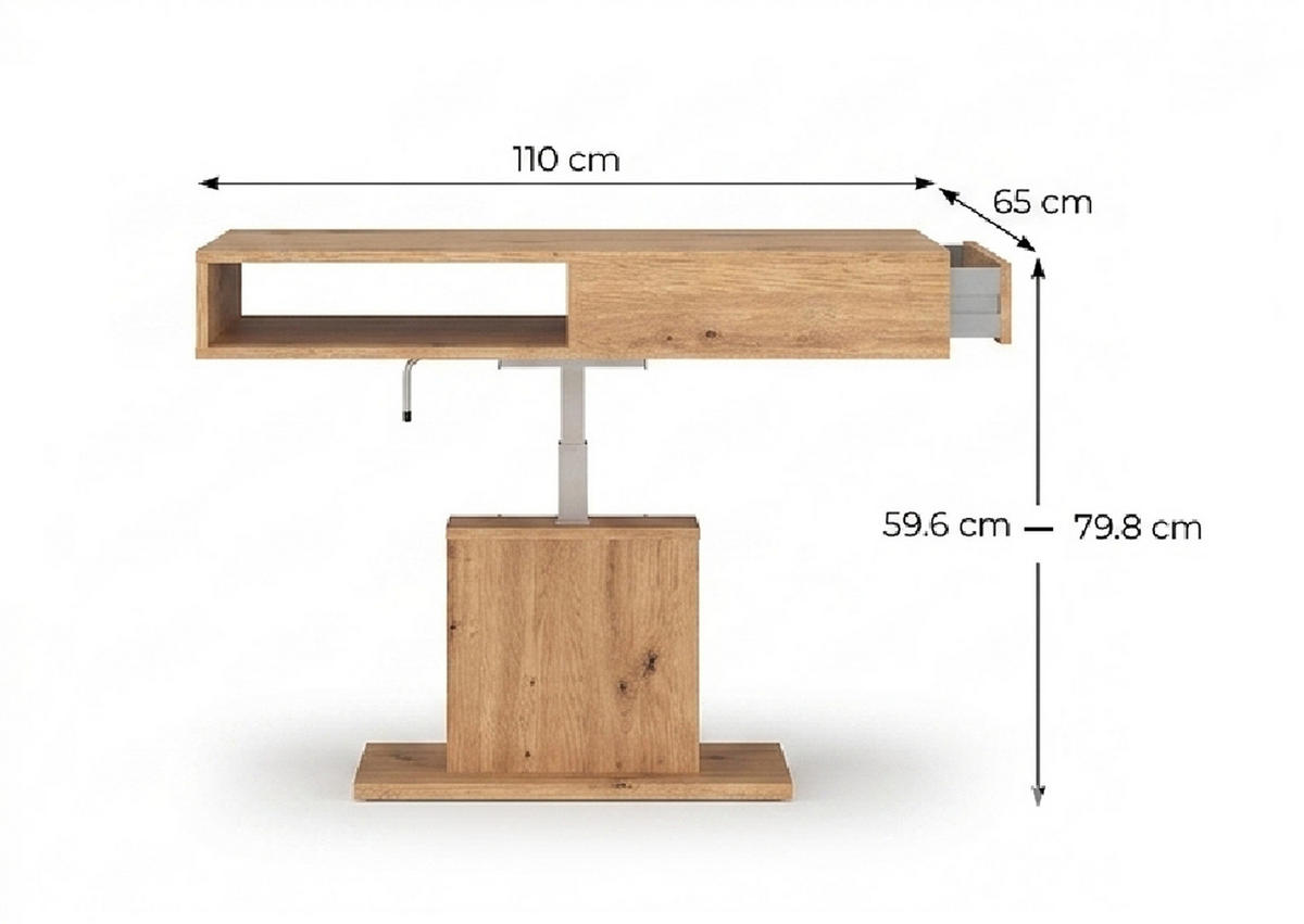 COUCHTISCH rechteckig stufenlos höhenverstellbar Schubalde 110/65/59 cm - Eichefarben, Holzwerkstoff (65/110/59cm) - designimpex