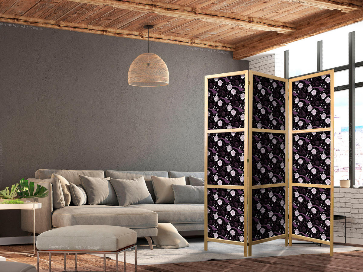 PARAVENT Japanischer 3-tlg 135x172 cm Blumen Und V gel - Schwarz, Holz/Textil (135/172/3cm) - Muralo