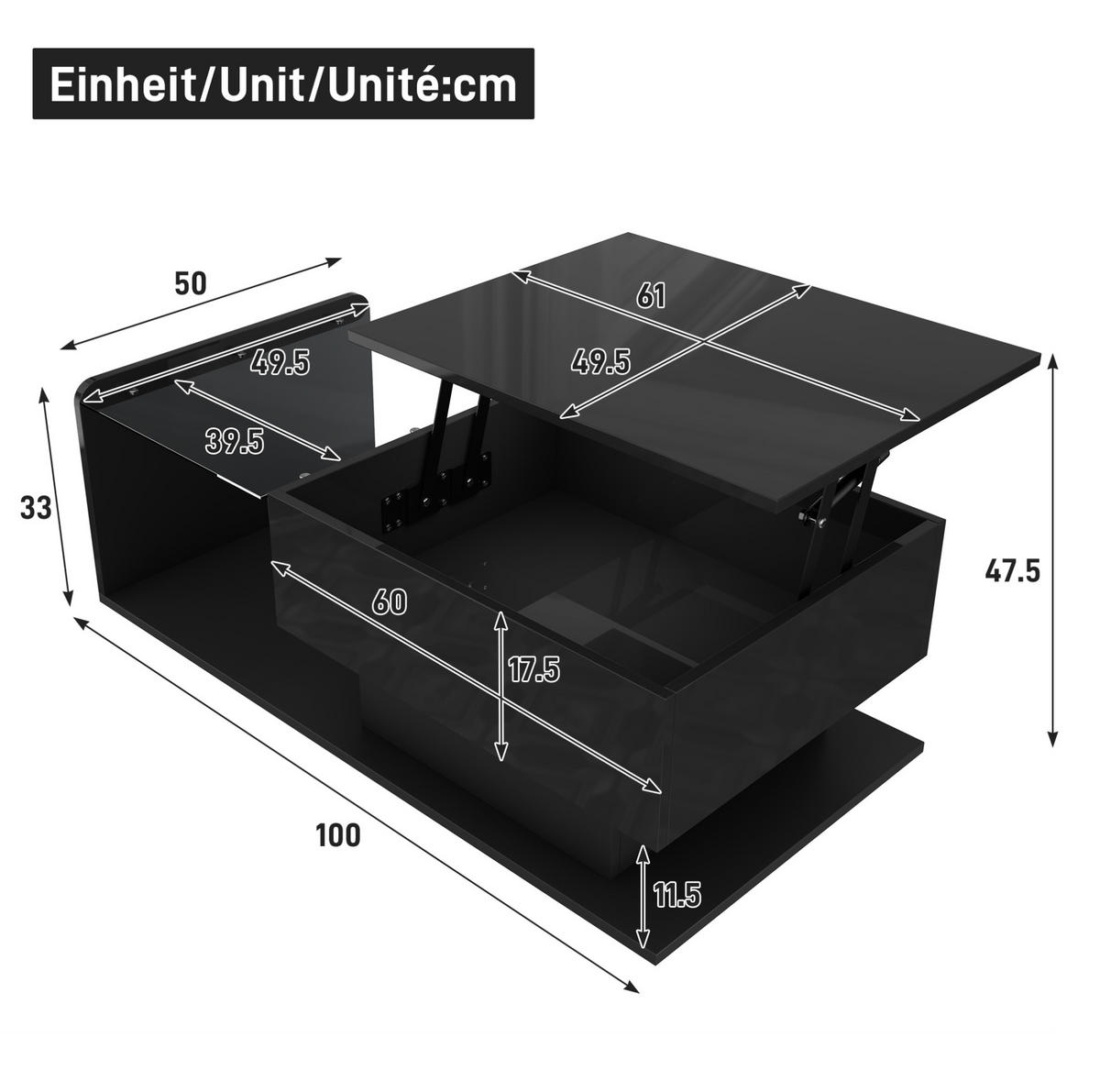 COUCHTISCH 100/50 cm in Schwarz Hochglanz, höhenverstellbar mit LED-Beleuchtung - Schwarz, Holzwerkstoff (110/50/47.5cm) - Flora Grace