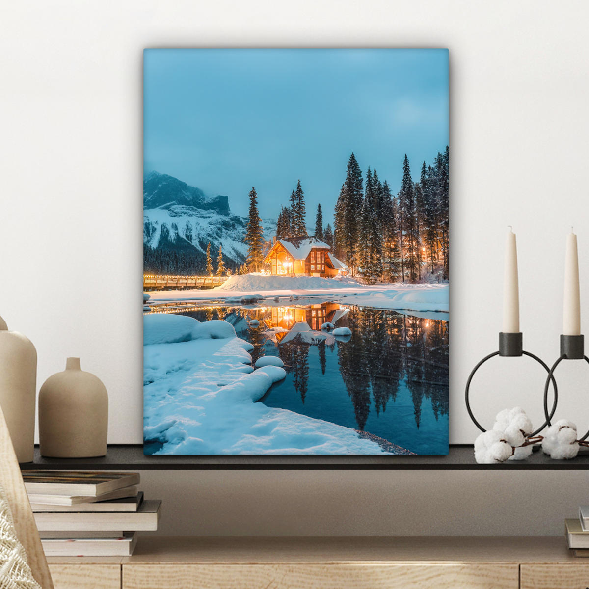 LEINWANDBILD Winterlandschaft - Natur - Haus - Berge - Schnee Room Decor 30x40 cm - Hellblau, Textil (30/40cm) - MuchoWow