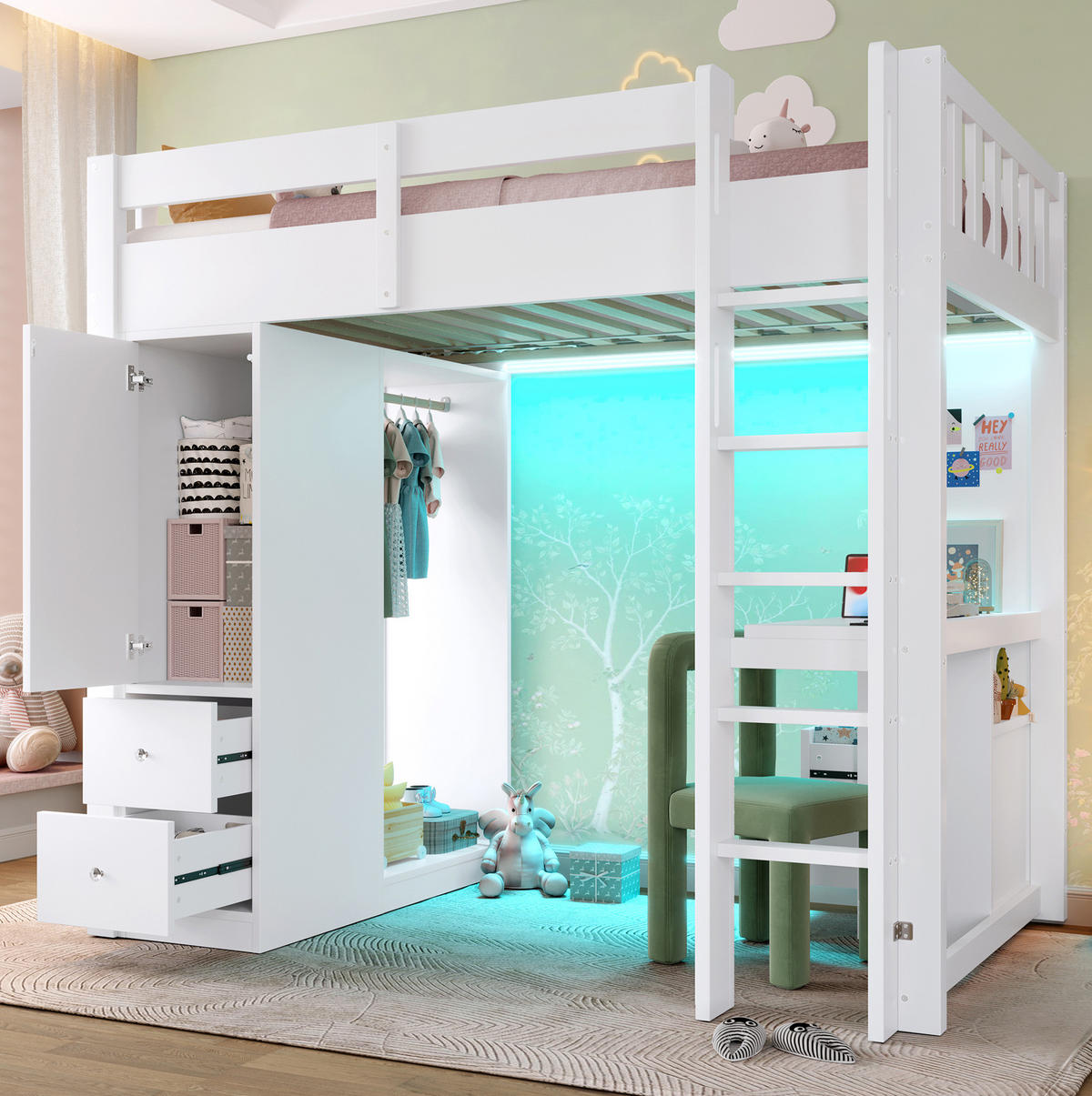 HOCHBETT 90/200 cm Weiß mit Schreibtisch, LED und 4 Schubladen - Weiß, Holz (90/200cm) - MIVRAY